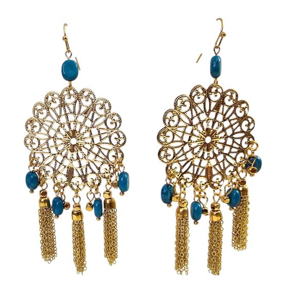 Gold & Turquoise Chandelier Earrings With Beaded Dangle & Fringe Design Bohemian - Picture 1 of 5